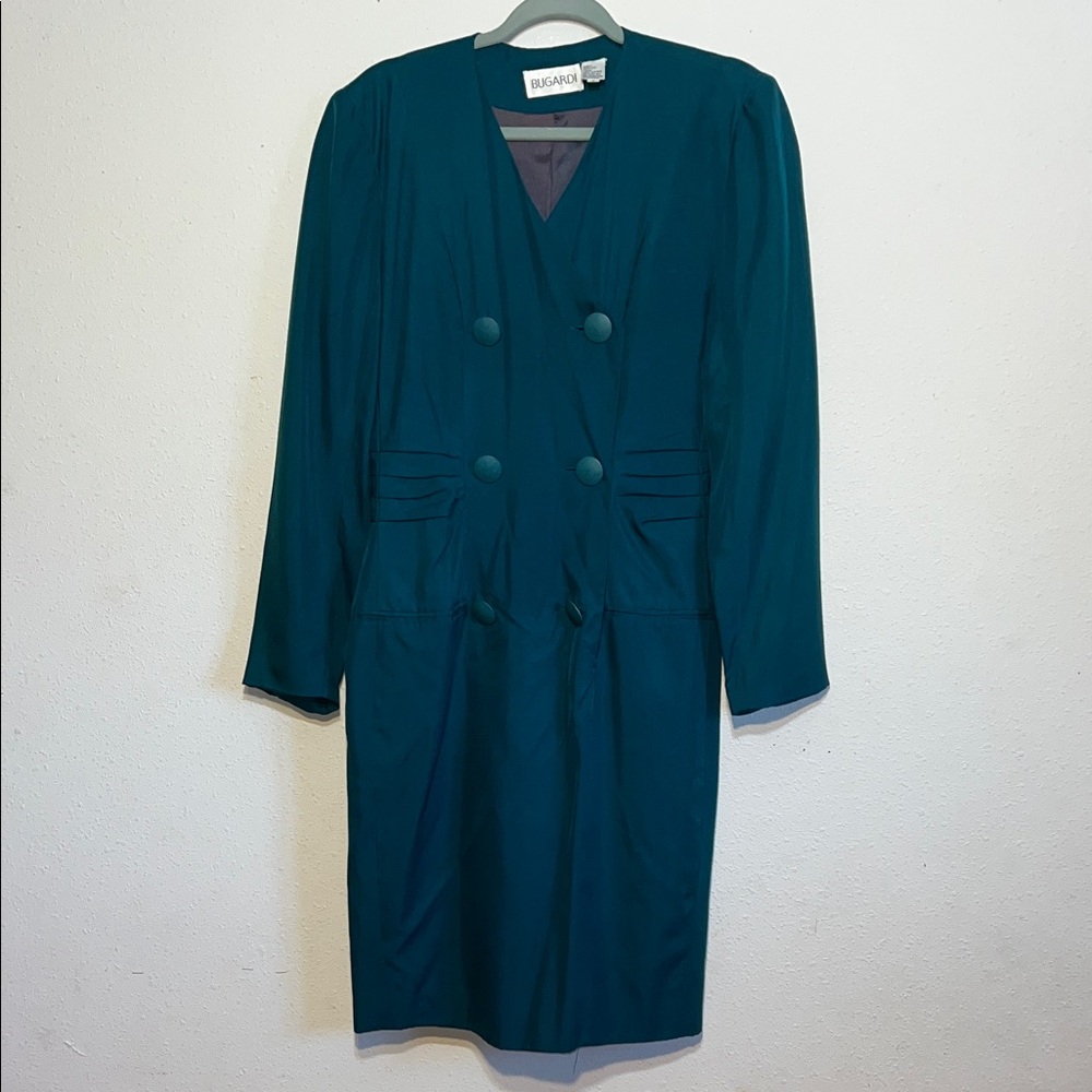 Bugardi Vintage Teal Silk Double-Breasted Long Sleeve Dress Size 6